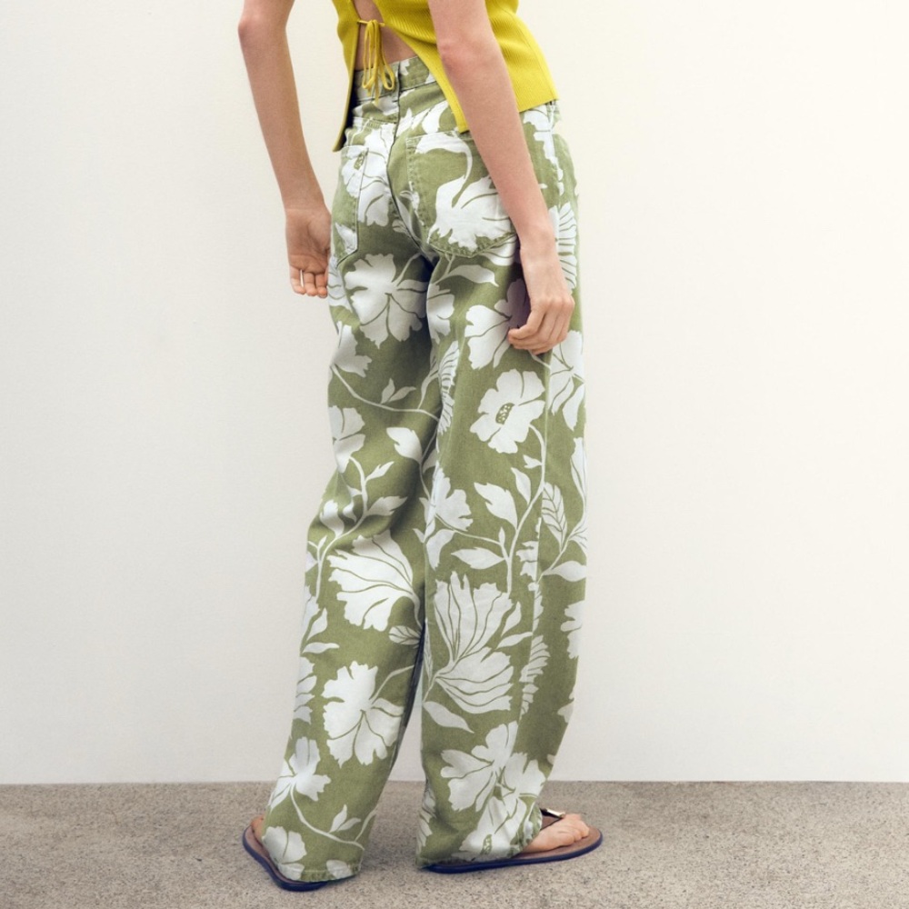 Zara Green Floral Wide-Leg Pants